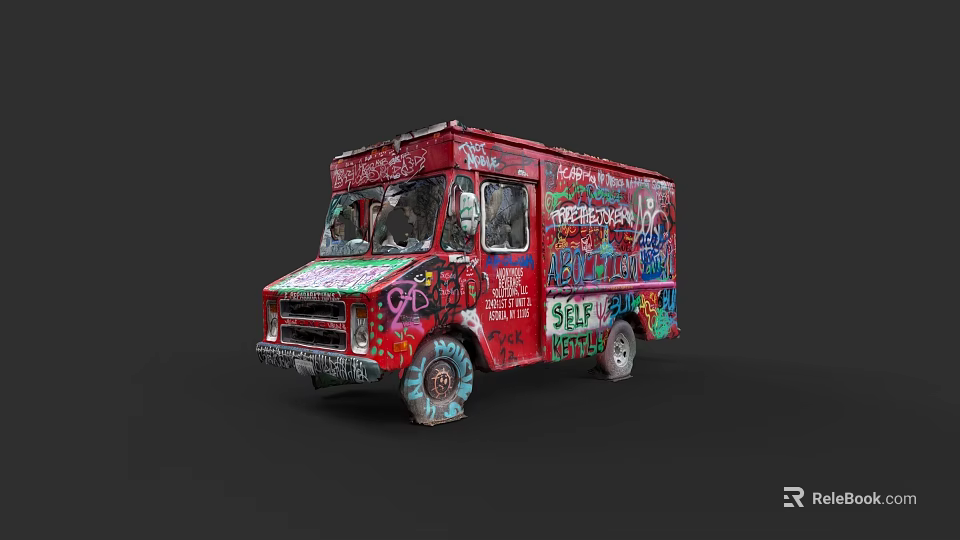 Red Urban Food Truck Adorned With Vibrant Graffiti Art And Street Design 3d model 