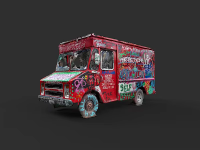 Red Urban Food Truck Adorned With Vibrant Graffiti Art And Street Design 3d model