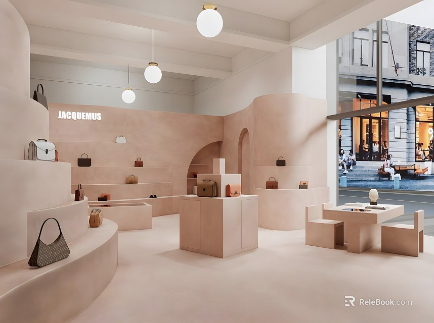 JACQUEMUS Boutique Interior With Handbags On Curved Shelves And Pendant Lights 3d model 