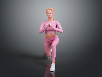 Woman In Pink Sportswear Doing Squat Exercise With White Sneakers On Gray Background 3d model