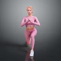 Woman In Pink Sportswear Doing Squat Exercise With White Sneakers On Gray Background