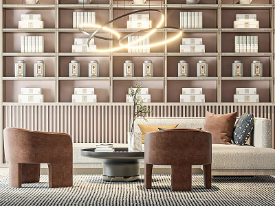Modern Living Room With Sofa and Coffee Table Set Bookshelves Hanging Lamp Armchairs and Rug 3d model