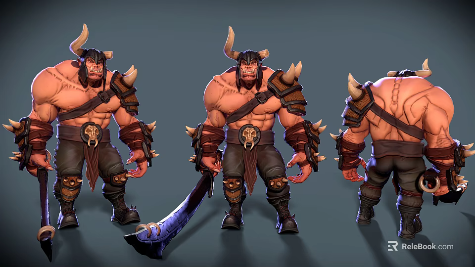 Horned Muscular Warrior Character With Axe And Armor In Three Angles Design 3d model 