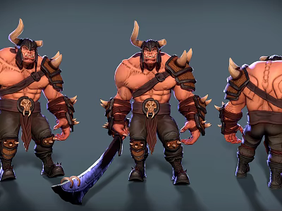 Horned Muscular Warrior Character With Axe And Armor In Three Angles Design 3d model