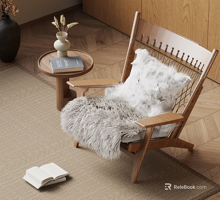 Cozy Living Room With Wooden Armchair White Furry Pillow Plush Blanket And Herringbone Floor 3d model 