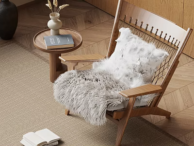 Cozy Living Room With Wooden Armchair White Furry Pillow Plush Blanket And Herringbone Floor 3d model