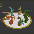 Game and Movie Character Scene with Orange Robotic Arms Surrounding White Statue on Circular Platform