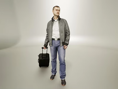 Man In Gray Jacket White Shirt Jeans With Rolling Luggage 3d model