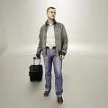 Man In Gray Jacket White Shirt Jeans With Rolling Luggage