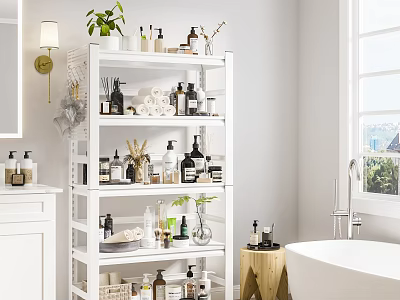 Modern Bathroom Interior With White Shelf Bathtub Window Wall Lamp Decorative Bottles And Plants 3d model
