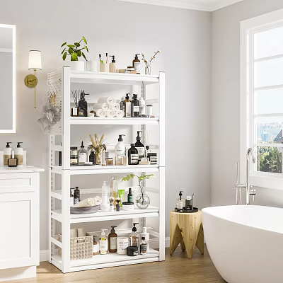 Modern Bathroom Interior With White Shelf Bathtub Window Wall Lamp Decorative Bottles And Plants 3d model