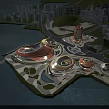 Modern Office Building Complex With Curved Architecture Waterfront Green Space And Urban Skyline