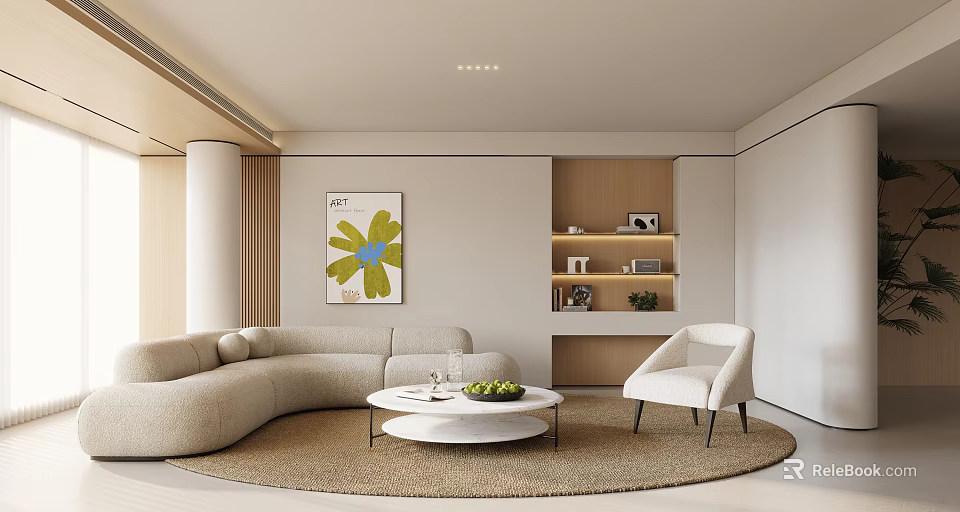 Modern Living Room Interior With Beige Curved Sofa Round White Coffee Table And Wooden Shelves 3d model 