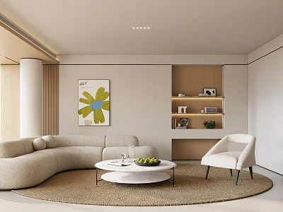 Modern Living Room Interior With Beige Curved Sofa Round White Coffee Table And Wooden Shelves 3d model