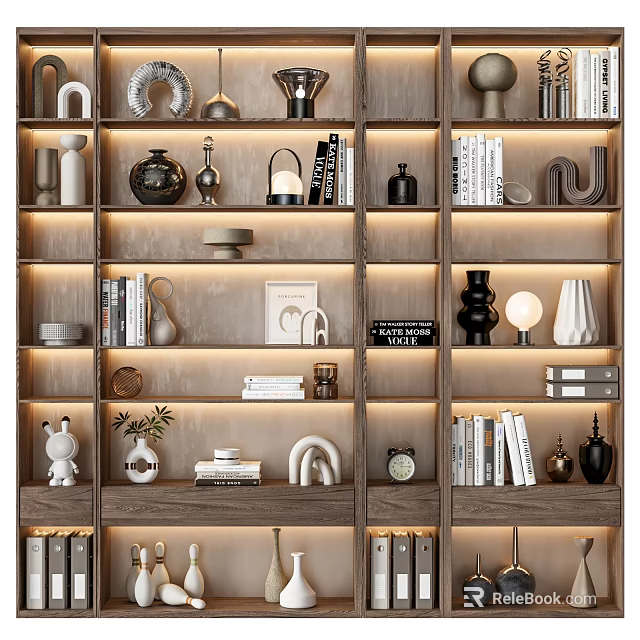 Modern Wooden Bookshelf with Layered Shelves Decorative Items Books Vases And Sculptures and LED Lighting 3d model 
