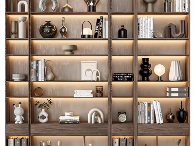 Modern Wooden Bookshelf with Layered Shelves Decorative Items Books Vases And Sculptures and LED Lighting 3d model