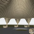 Modern Garden Landscape Featuring Wavy Roof Wooden Pavilion With Greenery And Stones