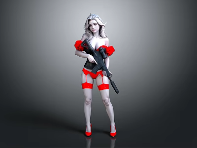 Sexy woman in red black lingerie holding black rifle with red high heels 3d model