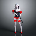 Sexy woman in red black lingerie holding black rifle with red high heels