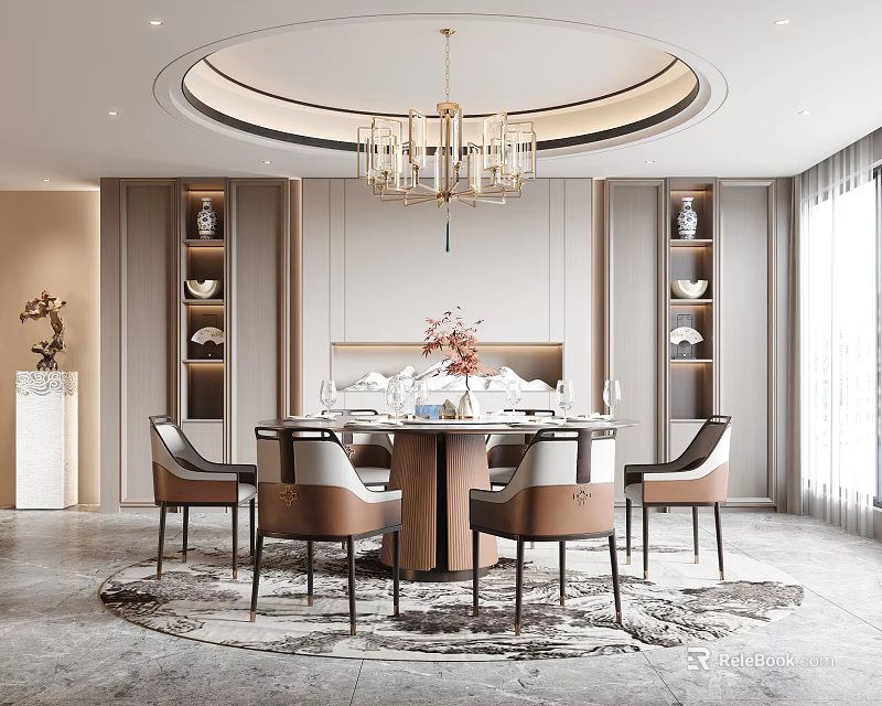 Elegant Modern Restaurant Interior With Round Dining Table Chairs Chandelier And Decorative Shelves 3d model 