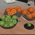 Fresh Green Apples and Oranges in Black Bowls on Wooden Table