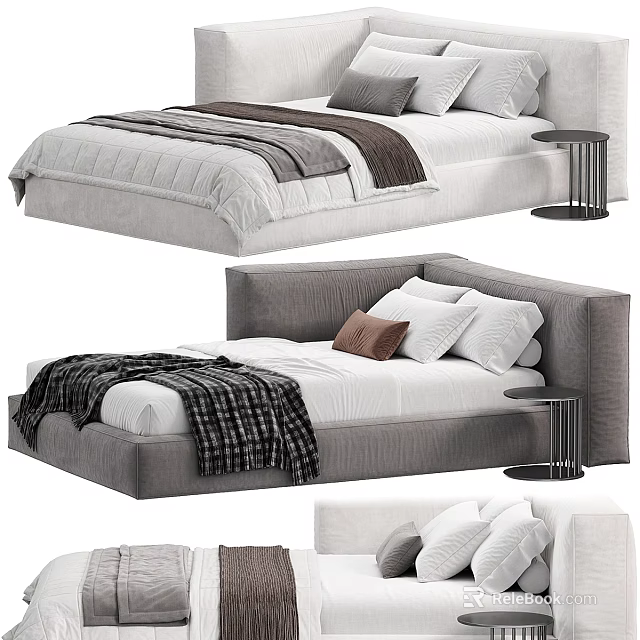 Modern Kids Bed Design With Gray White Upholstery Cozy Pillows Blanket And Side Table 3d model 