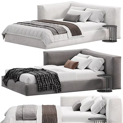 Modern Kids Bed Design With Gray White Upholstery Cozy Pillows Blanket And Side Table 3d model