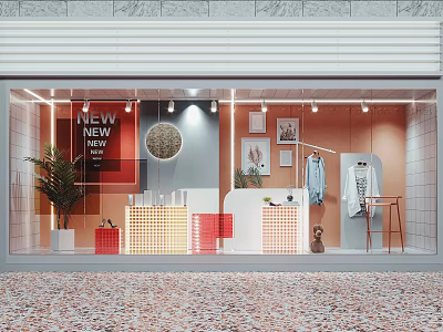 Modern Shop Window Display with New Sign Round Mirror Framed Pictures Hanging Clothes and Green Plant 3d model