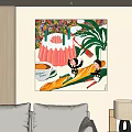 Abstract Painting With Colorful Flowers Pink Jelly Coffee Cup Bread And Two Children