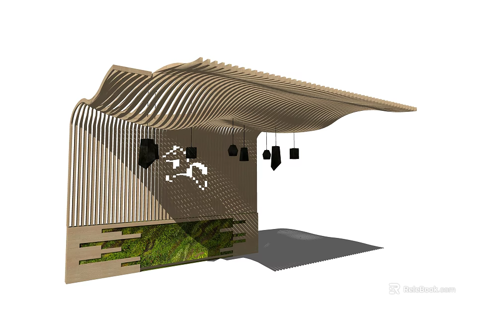 Unique Ceiling Design With Wooden Slats And Hanging Lights 3d model