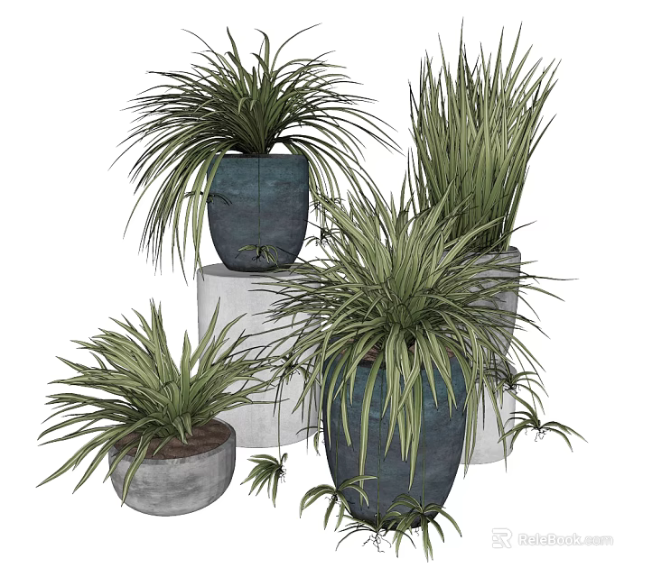 Decorative Bonsai Potted Plants With Long Leaves In Various Blue Gray Containers 3d model 