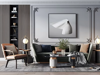 Modern Living Room With Sofa And Coffee Table Set Decorative Painting Green Plant Throw Pillows 3d model