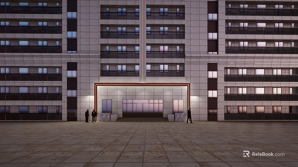 Modern Apartment Building Entrance Gate With Red Frame And Paved Square Area 3d model 