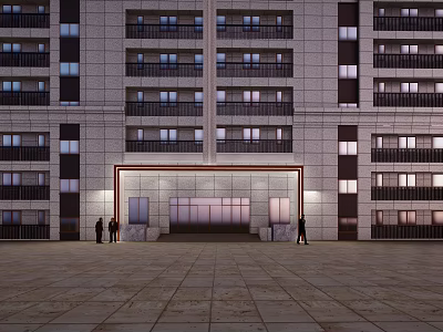 Modern Apartment Building Entrance Gate With Red Frame And Paved Square Area 3d model