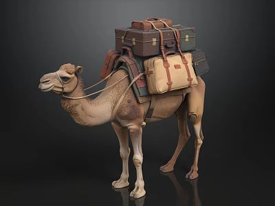 Camel Loaded With Multiple Vintage Luggage Bags For Travel Transport 3d model