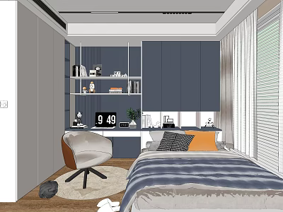 Modern Tatami Bedroom Interior Design With Storage Shelves Books Decor Accent Chair And Window Blinds 3d model