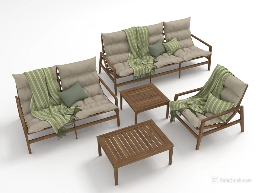 Light Tone Sofa Coffee Table Set With Wooden Frame Green Blankets And Soft Cushions 3d model 