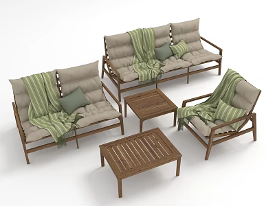 Light Tone Sofa Coffee Table Set With Wooden Frame Green Blankets And Soft Cushions 3d model