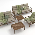 Light Tone Sofa Coffee Table Set With Wooden Frame Green Blankets And Soft Cushions
