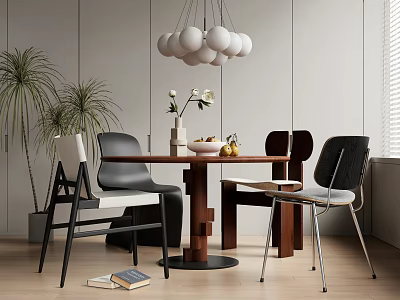 Modern Wooden Dining Table Set With Chairs Spherical Pendant Lights Green Plants And White Flowers 3d model