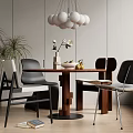 Modern Wooden Dining Table Set With Chairs Spherical Pendant Lights Green Plants And White Flowers