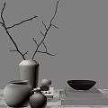 Stylish Decorative Ornament Set with Twigs White Vase Black Bowl and Books
