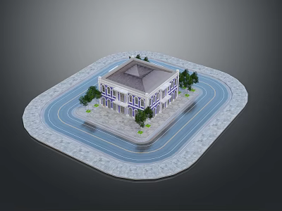 Two Story Building With Windows On Square Platform Surrounded By Circular Road And Trees 3d model