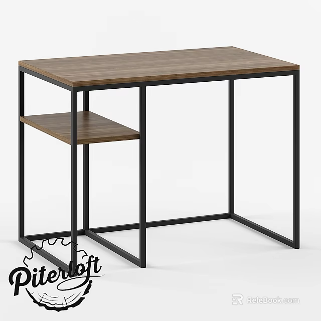 Modern Functional Desk with Wooden Tabletop Black Metal Frame and Lower Shelf 3d model 