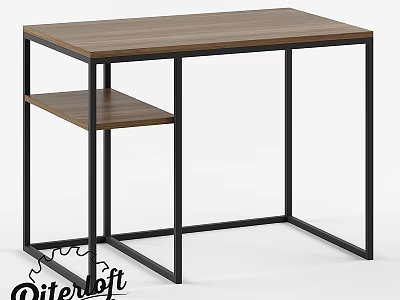 Modern Functional Desk with Wooden Tabletop Black Metal Frame and Lower Shelf 3d model