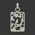 Silver Square Pendant With Openwork Tree Branch Leaves Bird And Flower Design