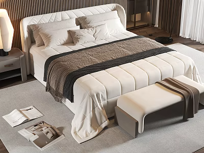 Elegant Modern Double Bed with Upholstered Headboard Soft Comforter and Bench 3d model