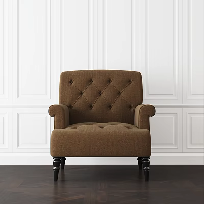 Tufted Brown Fabric Armchair with Rolled Armrests and Black Wooden Legs 3d model