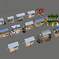 Colorful Miniature Food Carts With Striped Awnings And Vegetable Stand