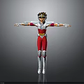 Armor Clad Hero With Silver Red Gold Armor Standing Arms Outstretched On Gray Gradient Background